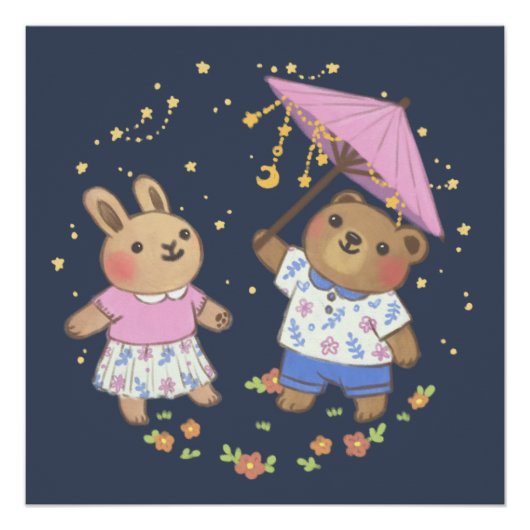 Teddy Bear and Bunny under the Stars Illustration Poster (Vorderseite)