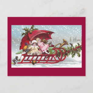 Teddy Bear and Dollars on Sled Vintage Weihnachten