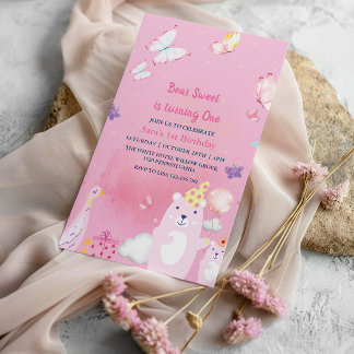 Teddy Bear and duck Pink 1. Geburtstags-Baby Girl Einladung