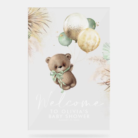 Teddy Bear and Green Balloons Baby Dusche Willkomm Acrylschild (Vorderseite)