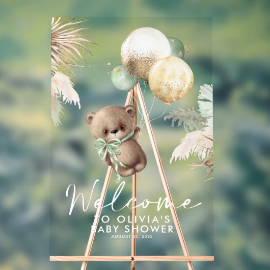 Teddy Bear and Green Balloons Baby Dusche Willkomm Acrylschild (Neutral)