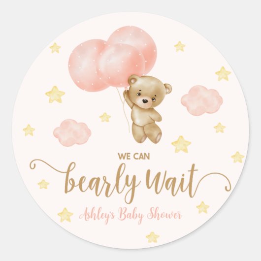 Teddy Bear and Pink Balloons Baby Dusche Gefallen Runder Aufkleber (Vorderseite)