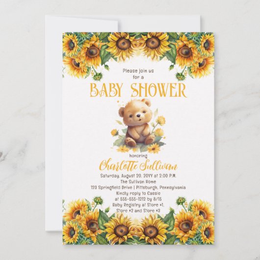 Teddy Bear and Sunflowers Baby Dusche Einladung (Vorderseite)