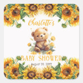 Teddy Bear and Sunflowers Baby Dusche Quadratischer Aufkleber (Vorderseite)