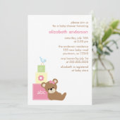 Teddy Bear and Toy Blocks Girl Baby Dusche Einladung (Stehend Vorderseite)