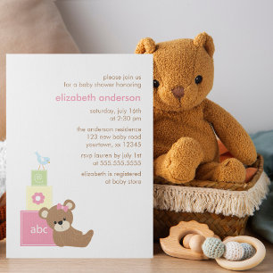 Teddy Bear and Toy Blocks Girl Baby Dusche Einladung