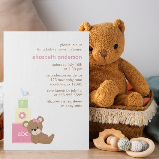 Teddy Bear and Toy Blocks Girl Baby Dusche Einladung