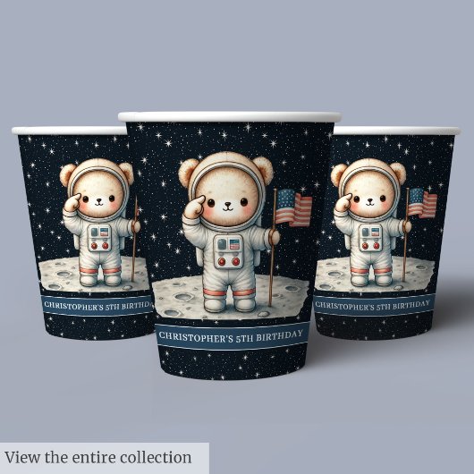 Teddy Bear Astronaut Baby Boy Birthday Cups Set Pappbecher