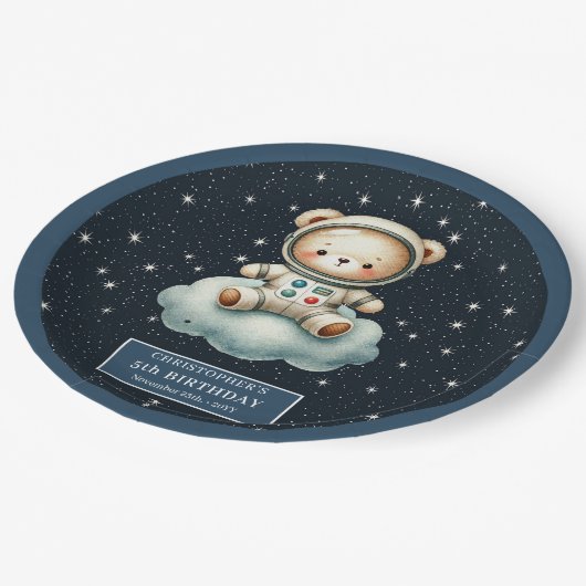 Teddy Bear Astronaut Babydusche Personalisiert Pappteller (Schrägansicht)