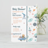 Teddy Bear Astronaut In Space Baby Shower Einladung (Stehend Vorderseite)