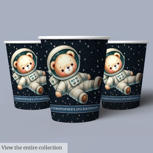 Teddy Bear Astronaut Paper Cups Baby Boy Party Pappbecher