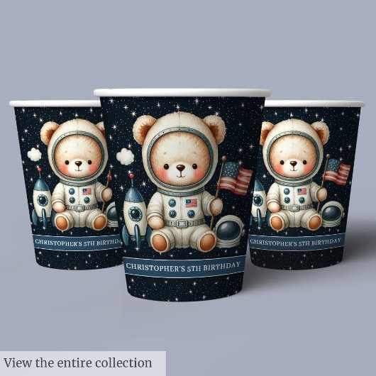 Teddy Bear Astronaut Party Paper Cups Baby Boy Pappbecher
