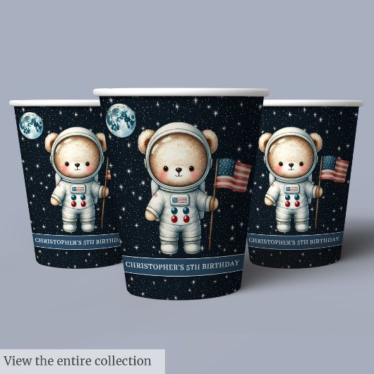 Teddy Bear Astronaut Space Party Cups Baby Boy Pappbecher