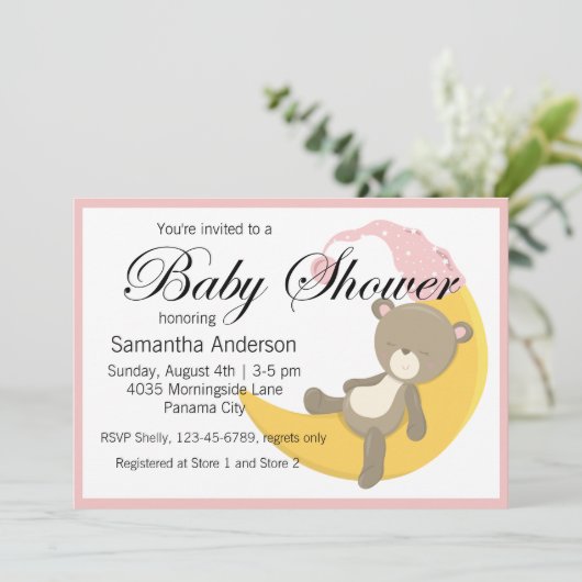 Teddy Bear auf Crescent Moon Babydusche Einladung (Stehend Vorderseite)