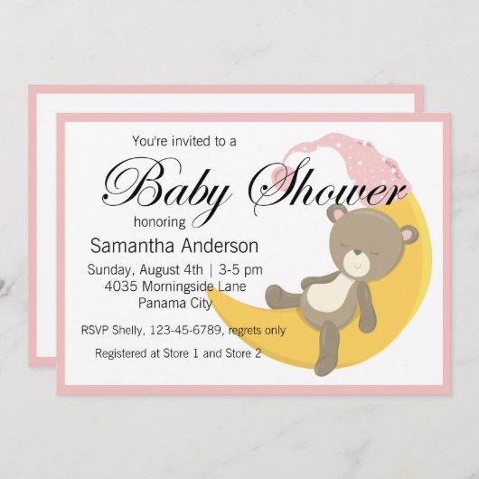 Teddy Bear auf Crescent Moon Babydusche Einladung (Vorne/Hinten)