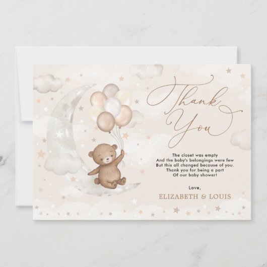 Teddy Bear auf dem Cresent Moon | Balloons Clouds Dankeskarte (Vorderseite)