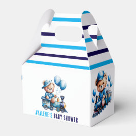 Teddy Bear auf einer Blue Train Boy Baby Dusche Geschenkschachtel