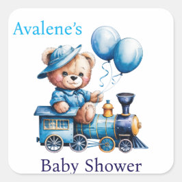 Teddy Bear auf einer Blue Train Boy Baby Dusche Quadratischer Aufkleber