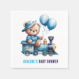 Teddy Bear auf einer Blue Train Boy Baby Dusche Serviette