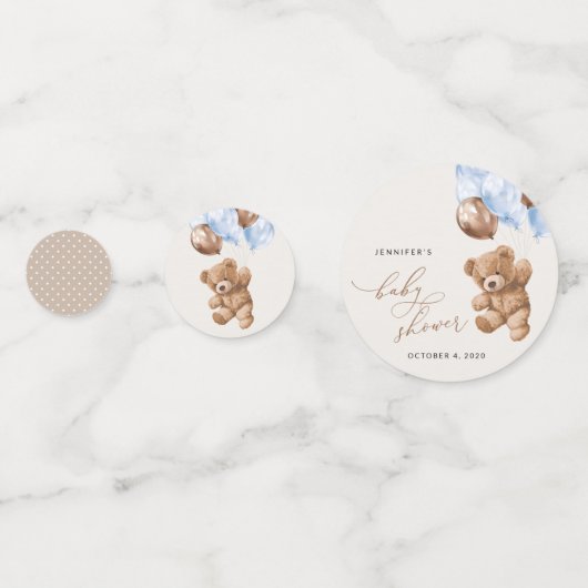 Teddy Bear, Baby Bear, Blue Balloons, Babydusche Konfetti (Vorderseiten)