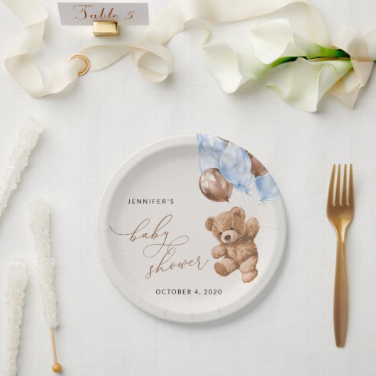 Teddy Bear, Baby Bear, Blue Balloons, Babydusche Pappteller (Hochzeit)