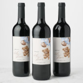 Teddy Bear, Baby Bear, Blue Balloons, Babydusche Weinetikett (Flaschen)