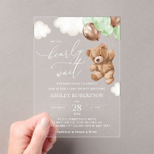 Teddy Bear, Baby Bear, Grüne Balloons, Babydusche Acryleinladungen
