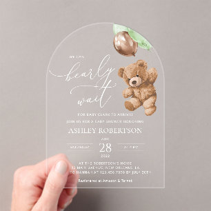 Teddy Bear, Baby Bear, Grüne Balloons, Babydusche Acryleinladungen