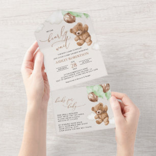 Teddy Bear, Baby Bear, Grüne Balloons, Babydusche All In One Einladung