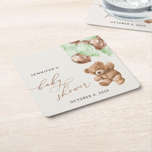 Teddy Bear, Baby Bear, Grüne Balloons, Babydusche Rechteckiger Pappuntersetzer (angewinkelt)