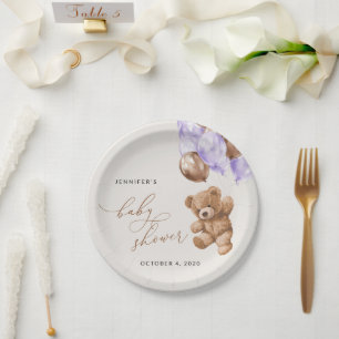 Teddy Bear, Baby Bear, Lila Ballon, Babydusche Pappteller