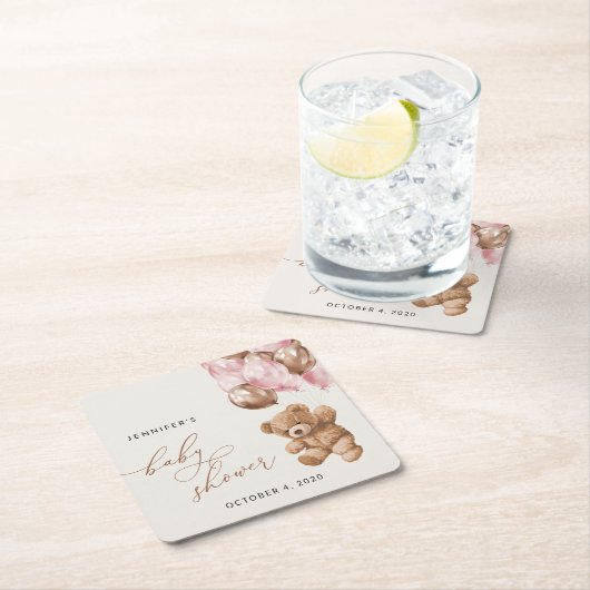 Teddy Bear, Baby Bear, Pink Balloons, Baby Shower Rechteckiger Pappuntersetzer (Vor Ort)