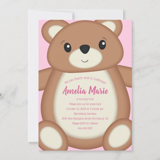 Teddy Bear Baby Birthday Party Pink Einladung (Vorderseite)