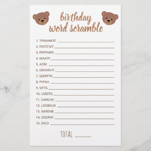Teddy Bear Baby Birthday Word Scrambe Game (Vorderseite)