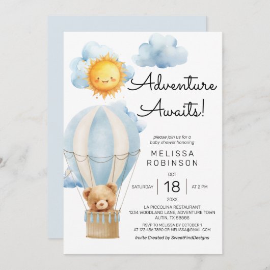 Teddy Bear Baby Boy Dusche Einladung (Vorne/Hinten)