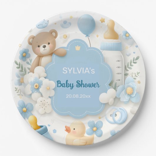 Teddy Bear Baby Boy Dusche Pappteller (Vorderseite)