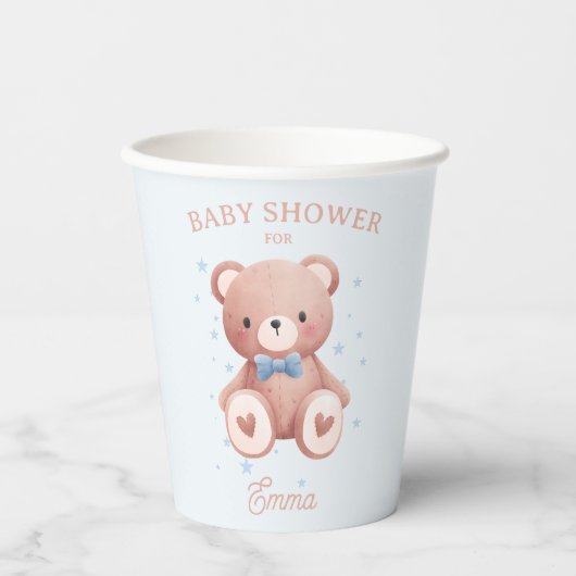 Teddy Bear Baby Boy Shower - Soft Blue Stars Pappbecher (Vorderseite)