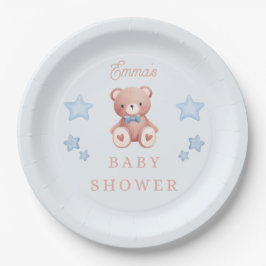 Teddy Bear Baby Boy Shower - Soft Blue Stars Pappteller