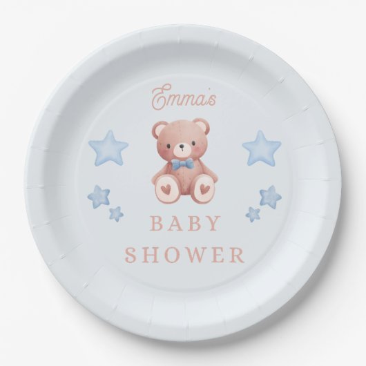 Teddy Bear Baby Boy Shower - Soft Blue Stars Pappteller (Vorderseite)
