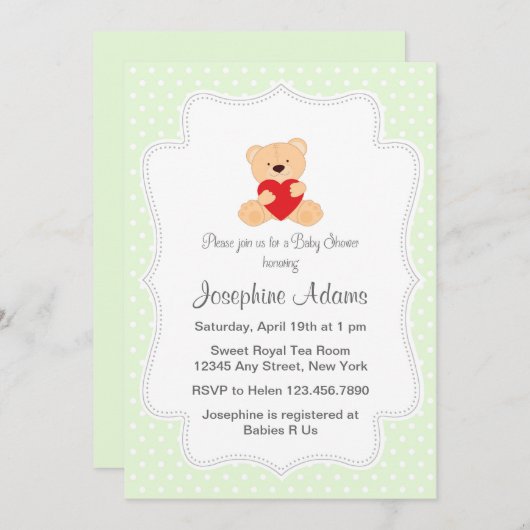 Teddy Bear Baby Dusche Einladung Minze Green (Vorne/Hinten)
