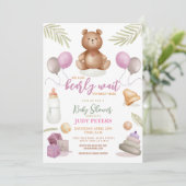 Teddy Bear Baby Dusche Pink Girl Barely Wait Einladung (Stehend Vorderseite)