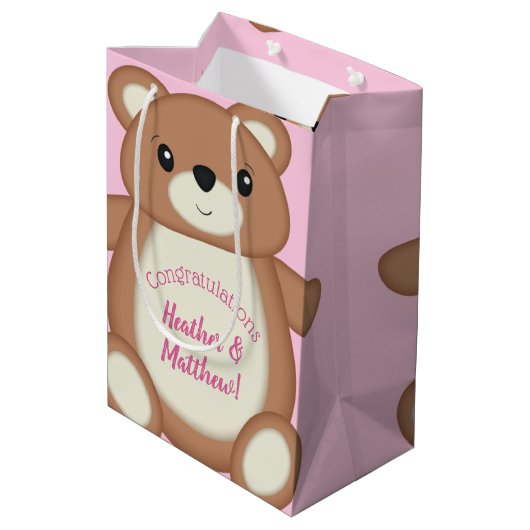 Teddy Bear Baby Dusche Pink Mittlere Geschenktüte (Rückseite Schrägansicht)