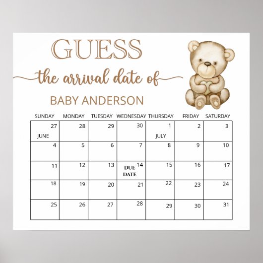 Teddy Bear Baby Dusche Ratschlag Fälligkeitsdatum Poster (Vorne)