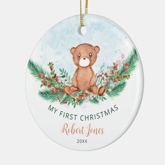 Teddy Bear Baby First 1. Weihnachtsgrün Keramik Ornament (Links)