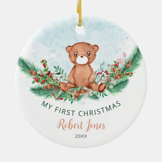 Teddy Bear Baby First 1. Weihnachtsgrün Keramik Ornament (Hinten)