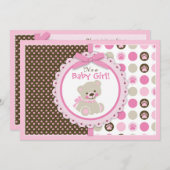 Teddy Bear Baby Girl Babydusche Rosa Einladung (Vorne/Hinten)