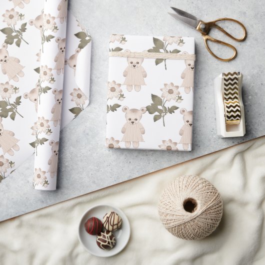 Teddy Bear Baby Girl Floral Neutral Baby Dusche Geschenkpapier (Kunsthandwerk)