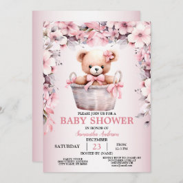 Teddy Bear Baby Girl Pink Blume Babydusche Einladung