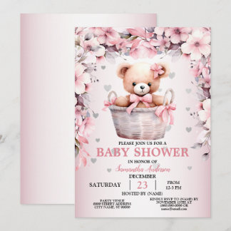 Teddy Bear Baby Girl Pink Blume Babydusche Einladung