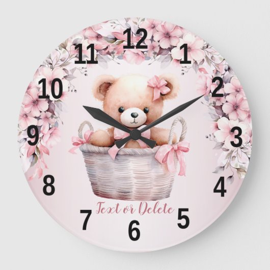Teddy Bear Baby Girl Pink Blume Elegante Kick Große Wanduhr (Vorderseite)